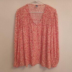 OLD NAVY WOMEN'S TOP LONG SLEEVE ELASTIC SHIRRING ORANGE FLORAL BOHO SIZE L NWT